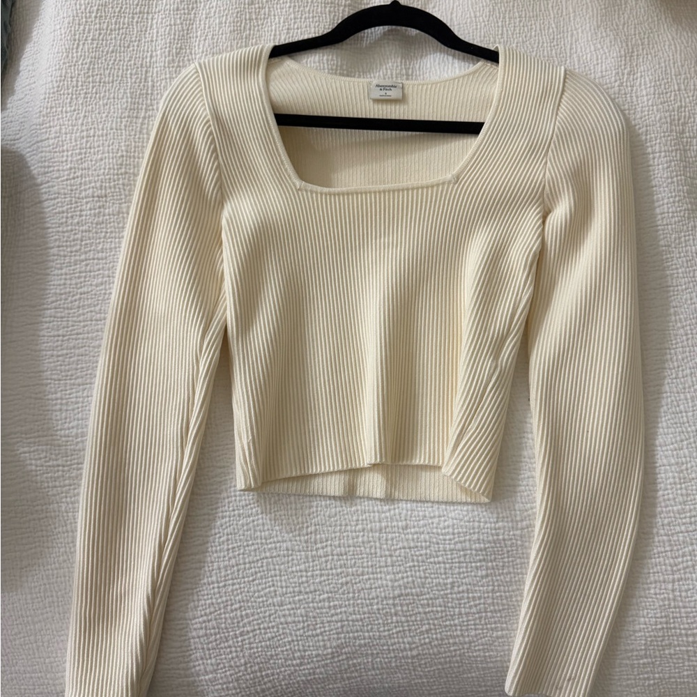 Elegant Cream Ribbed Long Sleeve Top